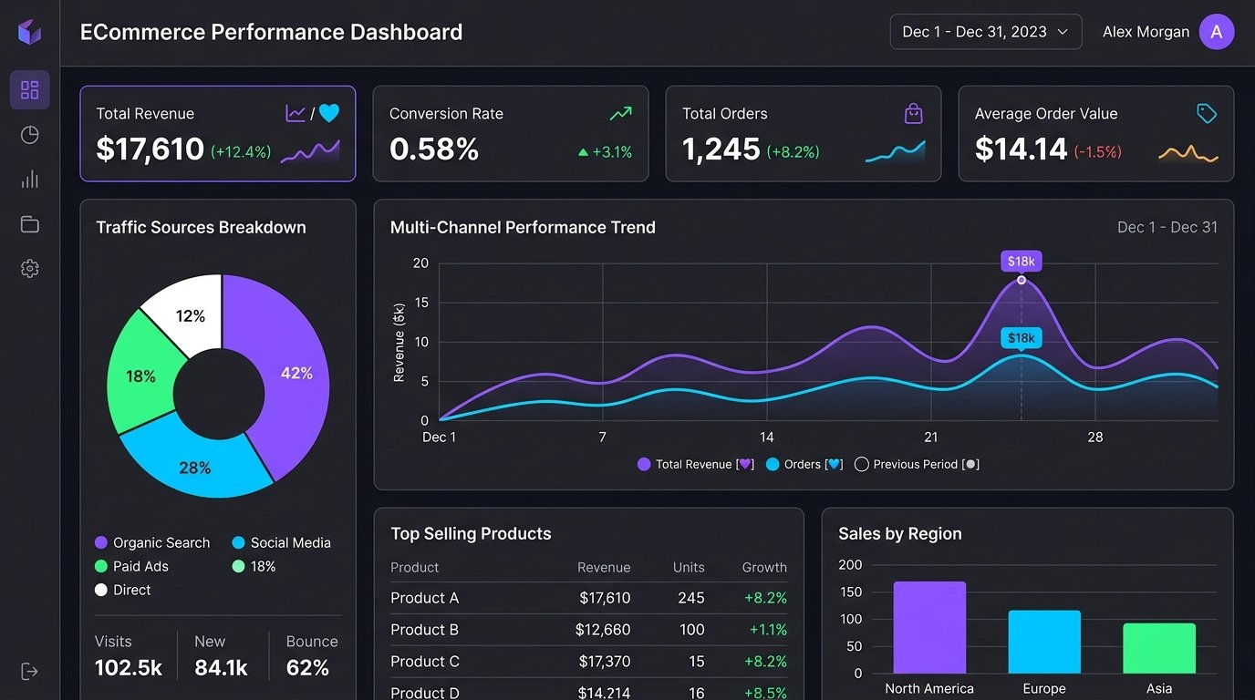 Store dashboard with sessions, sales and conversion rate trend lines